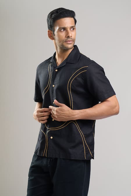 Shop_Aryavir Malhotra_Charcoal Linen, Cotton Embroidery Kantha Shirt _Online_at_Aza_Fashions