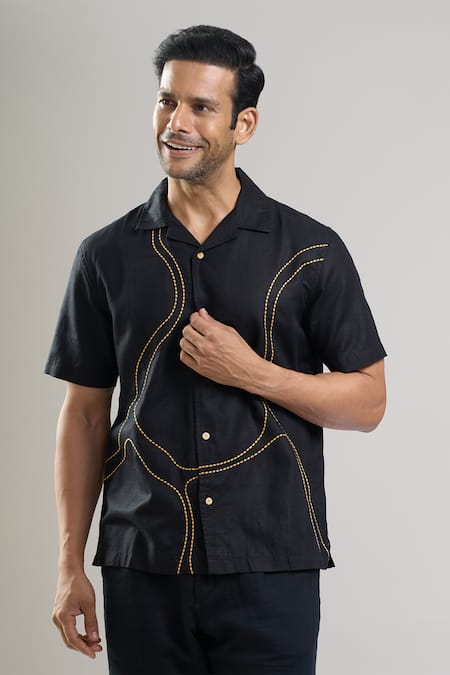 Aryavir Malhotra_Charcoal Linen, Cotton Embroidery Kantha Shirt _at_Aza_Fashions