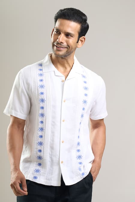 Buy_Aryavir Malhotra_Off White Linen, Cotton Embroidery Hand Shirt _Online_at_Aza_Fashions