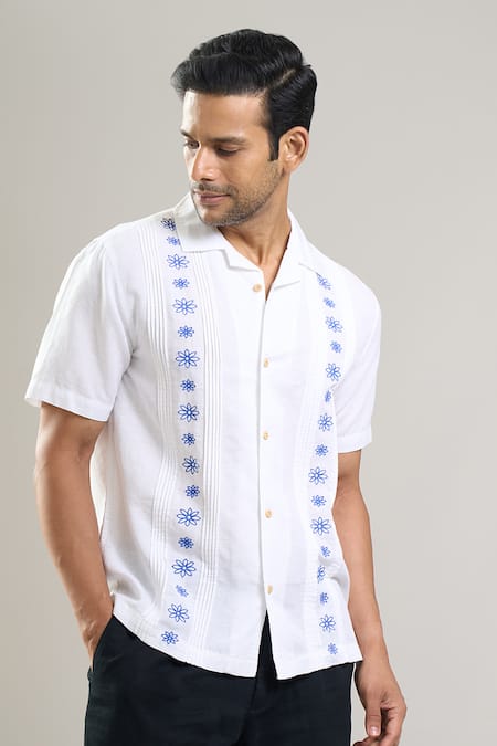 Shop_Aryavir Malhotra_Off White Linen, Cotton Embroidery Hand Shirt _Online_at_Aza_Fashions