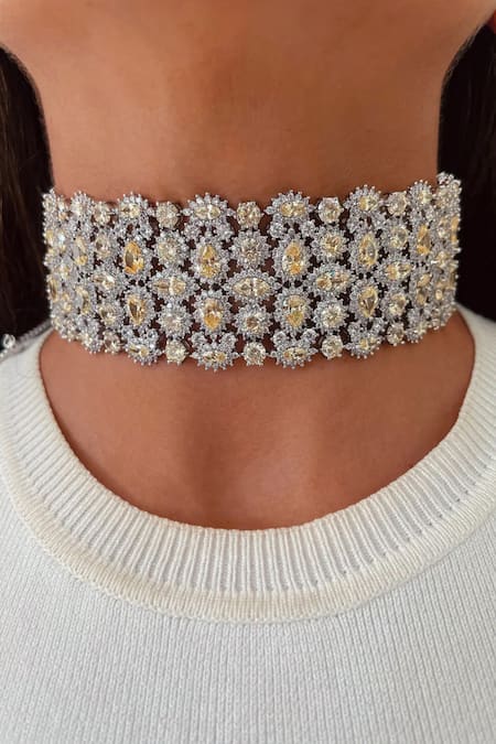 PRERTO Silver Plated Gemstones, Faux Diamonds Floral Imitation Choker Set 