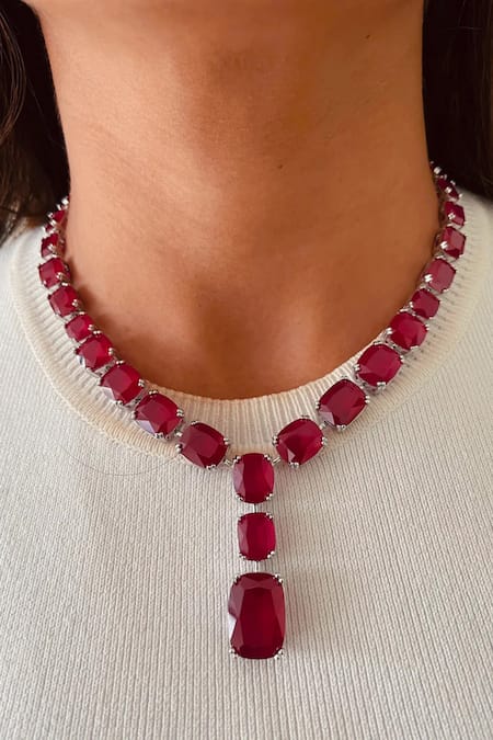 PRERTO Red Crystals, Gemstones, Faux Diamonds Ruby Drop Necklace Set 