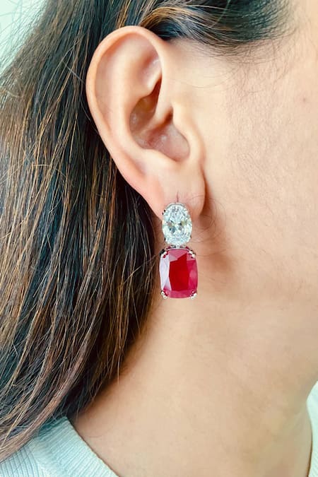 Shop PRERTO Red Crystals, Gemstones, Faux Diamonds Ruby Drop Necklace Set at Aza Fashions Shop_PRERTO_Red Crystals, Gemstones, Faux Diamonds Ruby Drop Necklace Set _at_Aza_Fashions