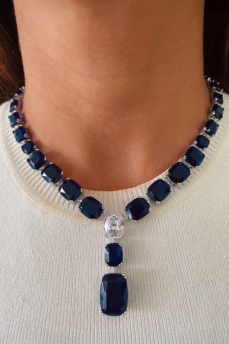 PRERTO Sapphire Faux Diamonds, Stones Drop Necklace Set 