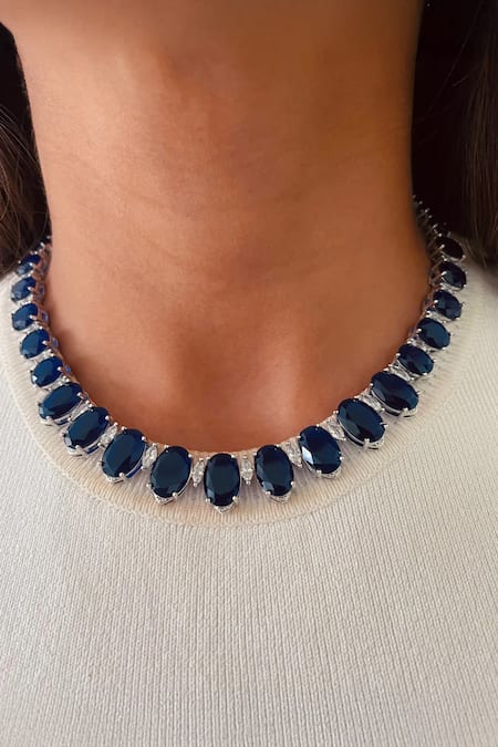 PRERTO Sapphire Gemstones, Faux Diamonds Necklace Set 