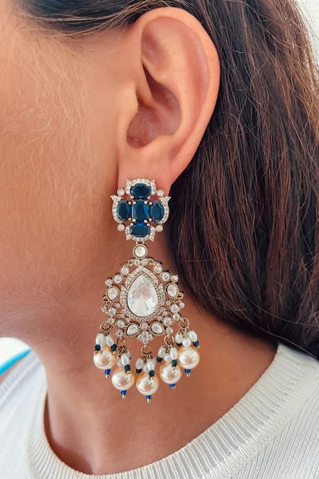 PRERTO Meetu Sapphire Pearls & Polki Necklace Set 