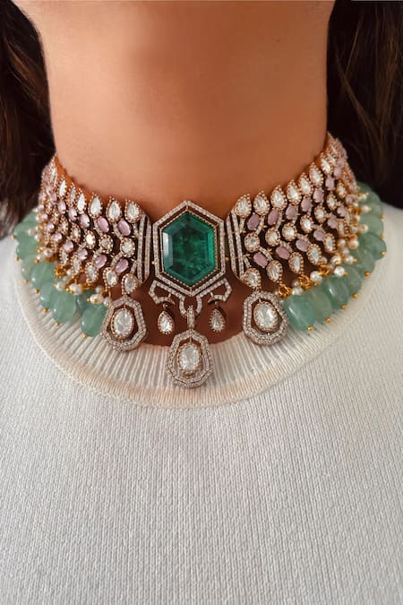 PRERTO Emerald Green Gemstones, Stones, Beads Hexagon Doublet And Polki Necklace Set 