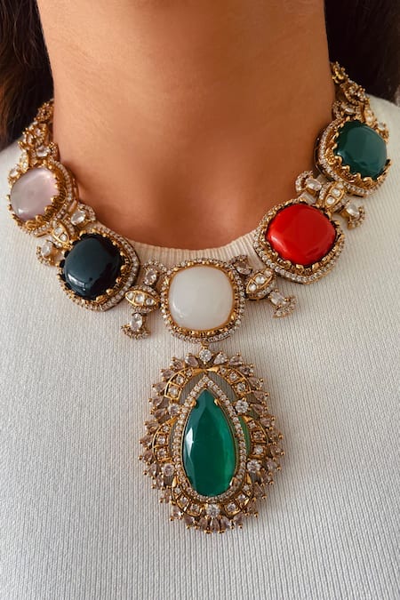 PRERTO Multi Color Zari, Stones, Crystals Kismati And Polki Pendant Necklace Set 