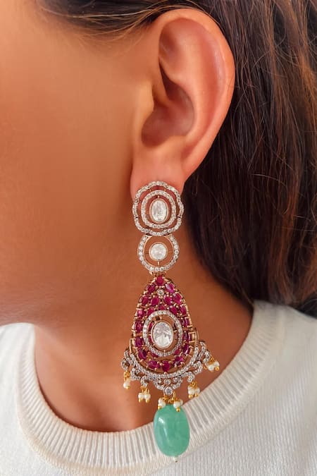 PRERTO Khushi 3D Oval Ruby & Emerald Kundan Pendant Set 