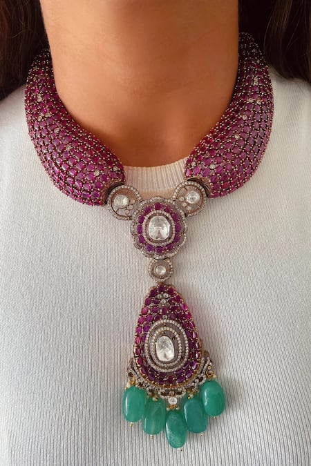 PRERTO Khushi 3D Oval Ruby & Emerald Kundan Pendant Set 