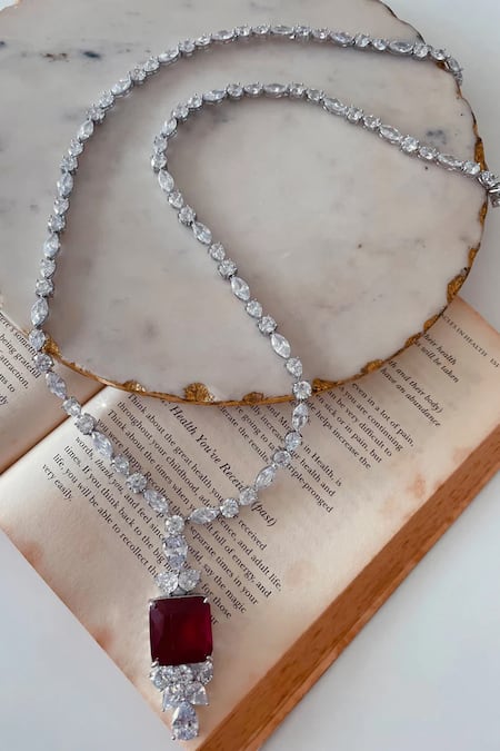 PRERTO Red Stones, Crystals Imitation Diamond Pendant Necklace Set 