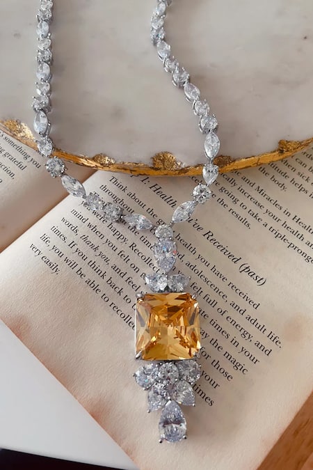 PRERTO_Silver Plated Faux Diamonds, Stones Imitation Pendant Necklace Set _Online_at_Aza_Fashions