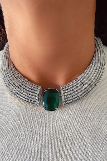 PRERTO Cushion Cut Emerald Center Necklace Set 