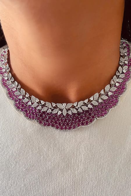 PRERTO Ruby Stones Inlayed & Floral Necklace Set 