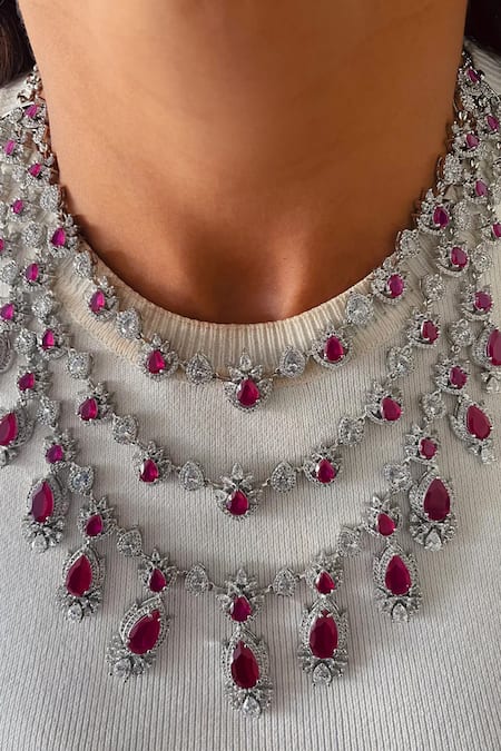PRERTO Ruby & White Imitation Diamond Necklace Set 