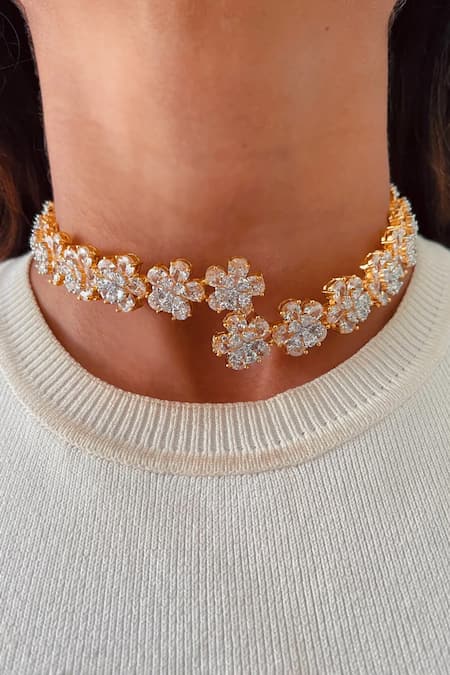 PRERTO Floral Imitation Diamond Studded Necklace Set 