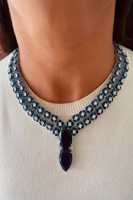 PRERTO Sapphire & Imitation Diamond Necklace Set 