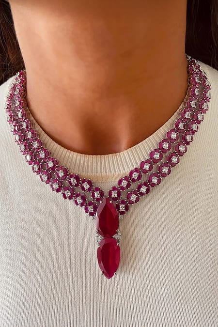 PRERTO Ruby & Imitation Diamond Necklace Set 