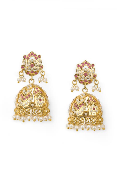 Curio Cottage_Gold Plated Pearls, Stones Jadau Blush Jhumka Earrings_Online_at_Aza_Fashions