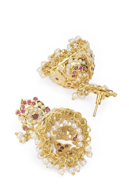 Buy_Curio Cottage_Gold Plated Pearls, Stones Jadau Blush Jhumka Earrings_Online_at_Aza_Fashions