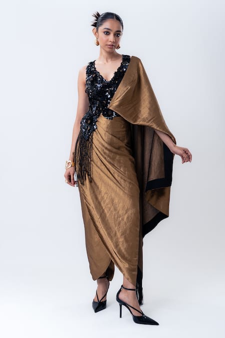 Shop_Nupur Kanoi_Gold Silk, Crepe, Lycra Tassels, Banarasi Pre-draped Pant Saree With Blouse _Online_at_Aza_Fashions