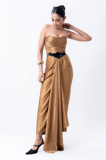Nupur Kanoi_Gold Silk, Organza Sweetheart , Open Draped Dress With Printed Jacket _Online_at_Aza_Fashions