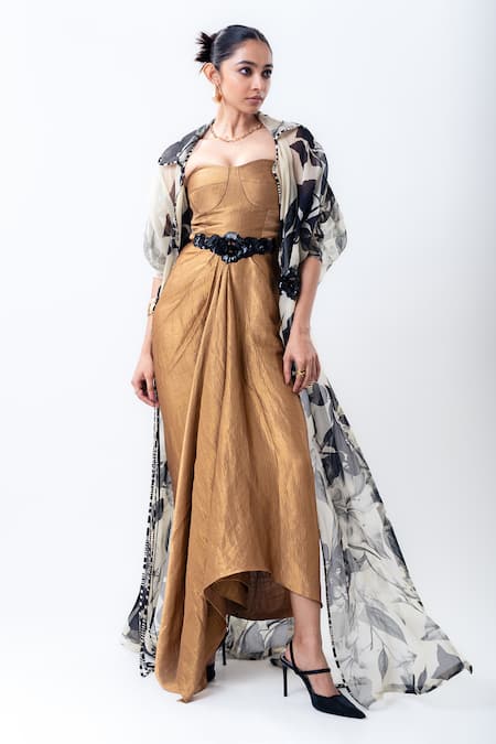 Nupur Kanoi Draped Dress With Printed Jacket 