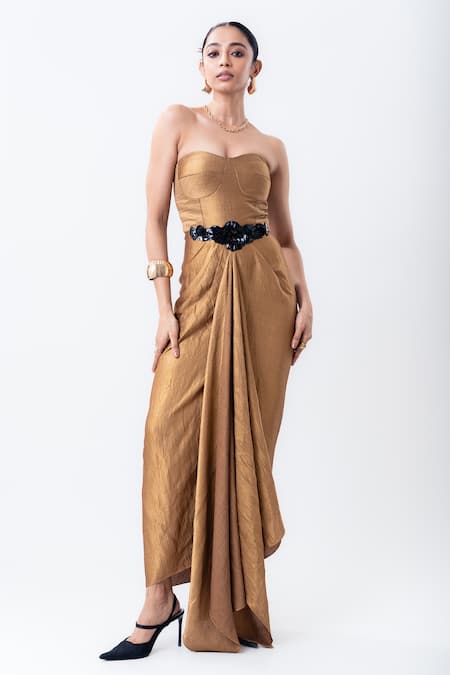 Nupur Kanoi_Gold Fabric Flowers Bandeau Neck Banarasi Silk Draped Bustier Dress _Online_at_Aza_Fashions