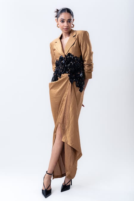 Nupur Kanoi_Gold Silk Sequins Embroidered Crop Blazer With Draped Skirt _Online_at_Aza_Fashions