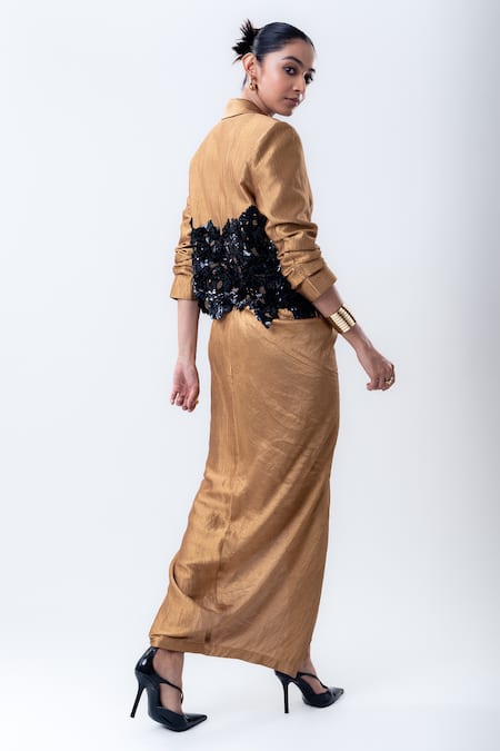 Buy_Nupur Kanoi_Gold Silk Sequins Embroidered Crop Blazer With Draped Skirt _Online_at_Aza_Fashions