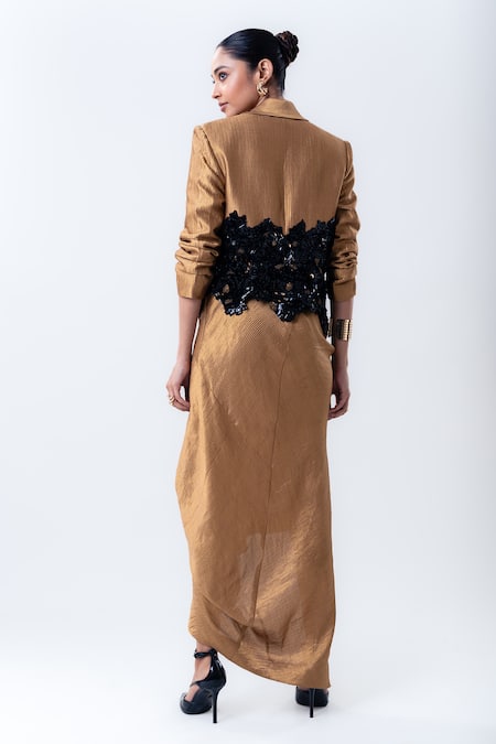 Shop Nupur Kanoi Gold Silk Sequins, Lace Embroidered Crop Blazer With Draped Skirt at Aza Fashions Shop_Nupur Kanoi_Gold Silk Sequins, Lace Embroidered Crop Blazer With Draped Skirt _at_Aza_Fashions