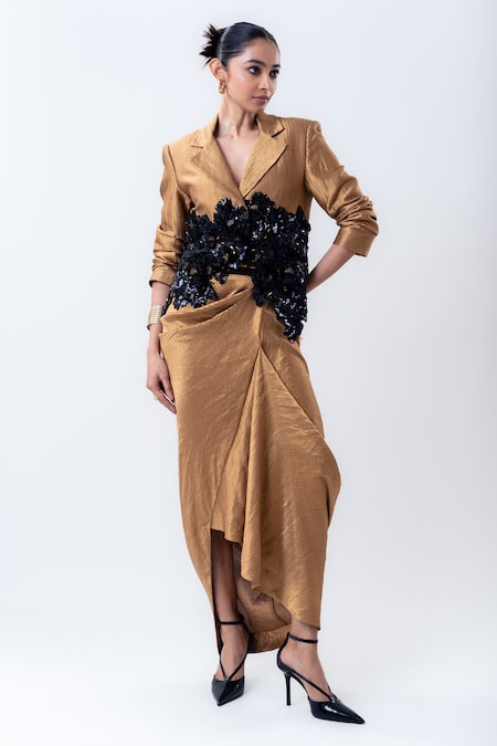 Nupur Kanoi Gold Silk Sequins, Lace Embroidered Crop Blazer With Draped Skirt 