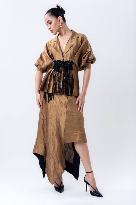 Nupur Kanoi_Gold Silk Sequins, Beads V-neck, Embroidered Peplum Top And Asymmetric Skirt Set _Online_at_Aza_Fashions