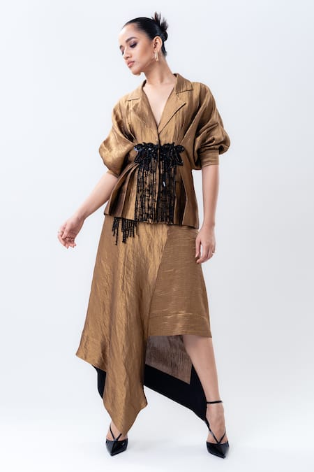 Nupur Kanoi Gold Silk Sequins, Beads V-neck, Embroidered Peplum Top And Asymmetric Skirt Set 