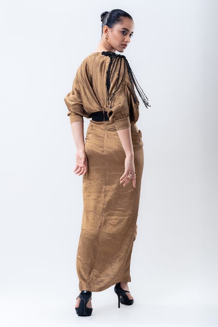 Shop Nupur Kanoi Gold Silk Sequins, Beads V-neck Banarasi Draped Wrap Dress at Aza Fashions Shop_Nupur Kanoi_Gold Silk Sequins, Beads V-neck Banarasi Draped Wrap Dress _at_Aza_Fashions
