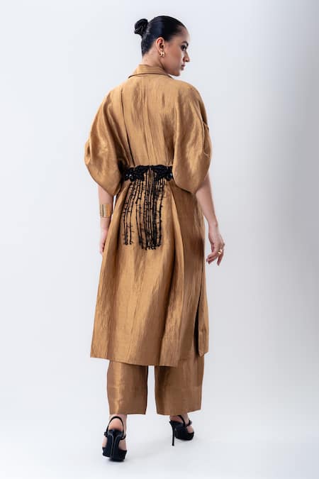 Nupur Kanoi Gold Silk Tassels V-neck Work Long Jacket With Straight Pant Online at Aza Fashions Nupur Kanoi_Gold Silk Tassels V-neck Work Long Jacket With Straight Pant _Online_at_Aza_Fashions