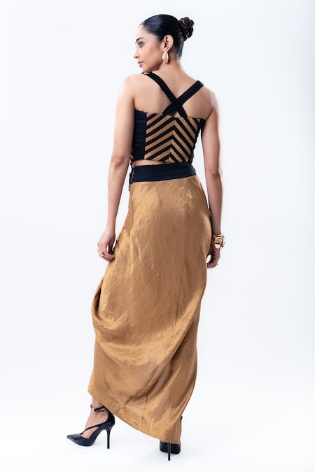 Shop Nupur Kanoi Gold Crepe, Lycra, Silk Applique, Striped Corset And Aria Pick-up Skirt Set at Aza Fashions Shop_Nupur Kanoi_Gold Crepe, Lycra, Silk Applique, Striped Corset And Aria Pick-up Skirt Set _at_Aza_Fashions