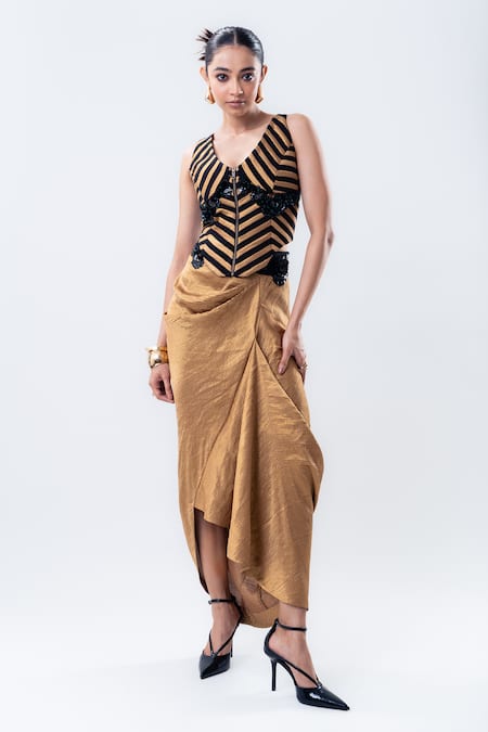 Nupur Kanoi Gold Crepe, Lycra, Silk Applique, Striped Corset And Aria Pick-up Skirt Set Online at Aza Fashions Nupur Kanoi_Gold Crepe, Lycra, Silk Applique, Striped Corset And Aria Pick-up Skirt Set _Online_at_Aza_Fashions