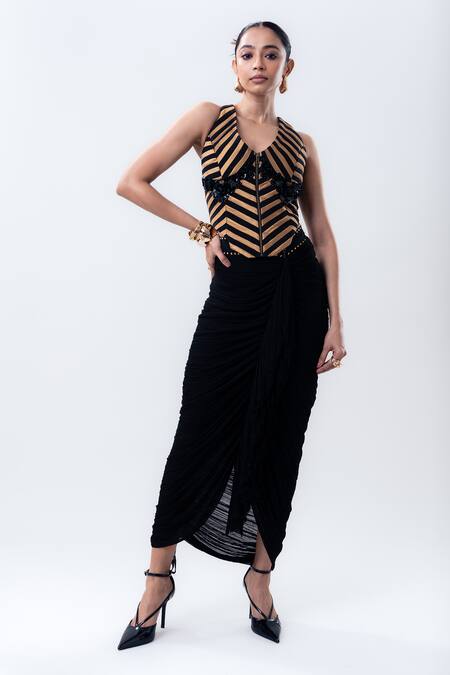 Nupur Kanoi Gold Silk, Lycra, Crepe, Chiffon Sequins Striped Corset And Aria Pick-up Skirt Set Online at Aza Fashions Nupur Kanoi_Gold Silk, Lycra, Crepe, Chiffon Sequins Striped Corset And Aria Pick-up Skirt Set _Online_at_Aza_Fashions