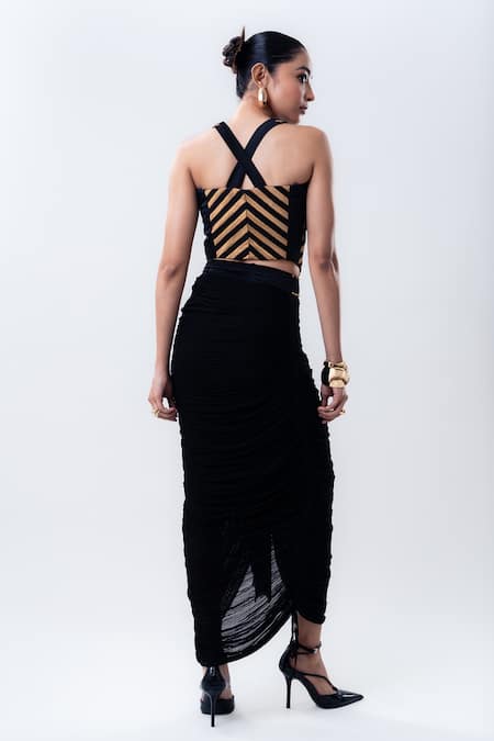 Shop Nupur Kanoi Gold Silk, Lycra, Crepe, Chiffon Sequins Striped Corset And Aria Pick-up Skirt Set at Aza Fashions Shop_Nupur Kanoi_Gold Silk, Lycra, Crepe, Chiffon Sequins Striped Corset And Aria Pick-up Skirt Set _at_Aza_Fashions