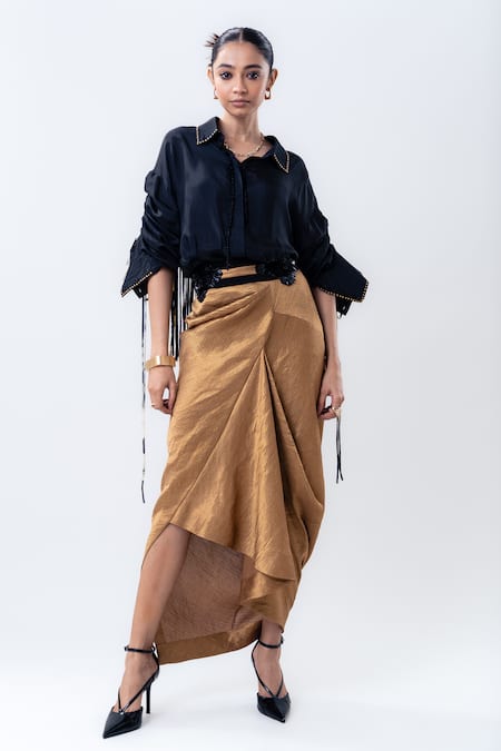 Nupur Kanoi_Black Studs, Fringe Collared Shirt And Banarasi Silk Aria Skirt Set _Online_at_Aza_Fashions