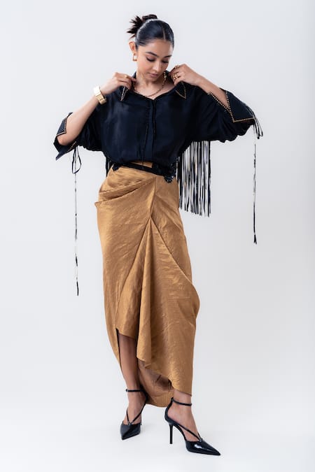 Buy_Nupur Kanoi_Black Studs, Fringe Collared Shirt And Banarasi Silk Aria Skirt Set _Online_at_Aza_Fashions