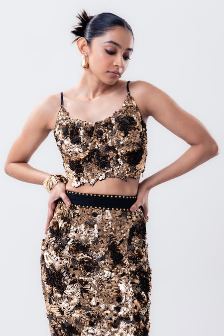Buy_Nupur Kanoi_Gold Crepe, Lycra Sequins, Beads Strappy Bustier And Embroidered Pencil Skirt Set _Online_at_Aza_Fashions