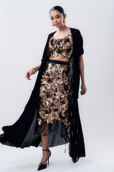 Nupur Kanoi Gathered Cape & Embroidered Pencil Skirt Set 