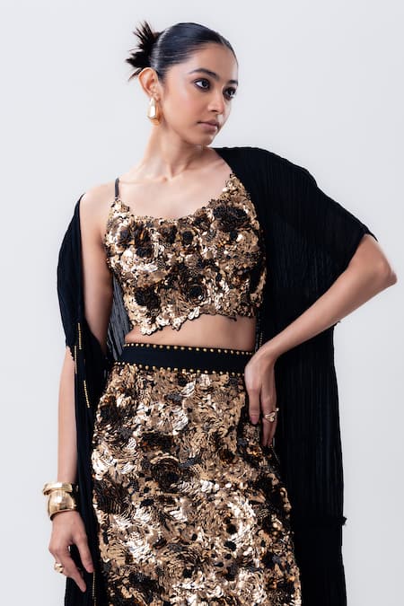 Nupur Kanoi_Black Lycra, Crepe Sequins, Embroidery Open Gathered Cape And Pencil Skirt Set _Online_at_Aza_Fashions
