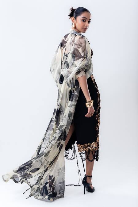 Buy_Nupur Kanoi_Off White Crepe, Lycra Sequins, Embroidery, Printed Cape And Pencil Skirt Set _Online_at_Aza_Fashions