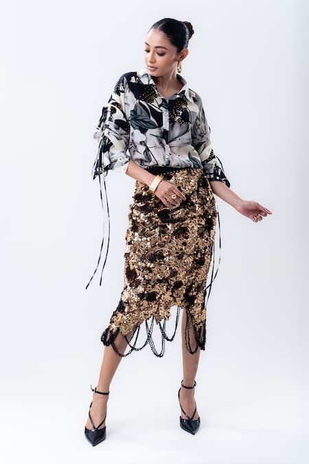 Nupur Kanoi_Off White Silk, Crepe, Lycra Studs, Printed Studded Shirt And Pencil Skirt Set _Online_at_Aza_Fashions