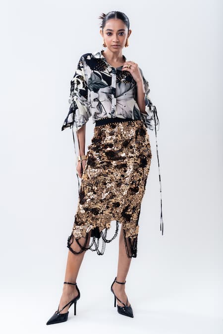 Nupur Kanoi Printed Studded Shirt & Sequin Pencil Skirt Set 