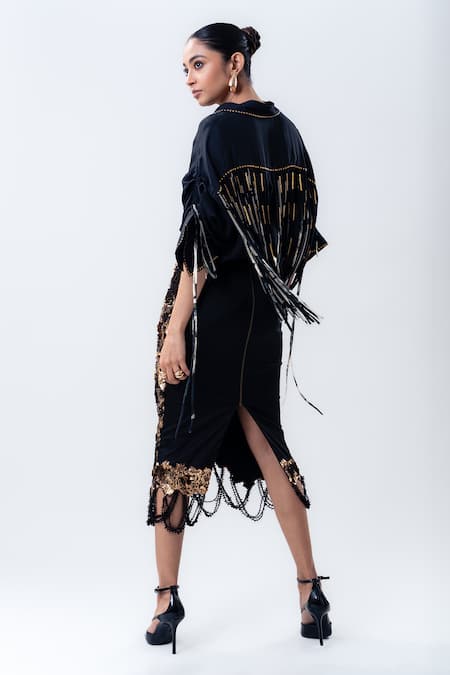 Nupur Kanoi_Black Silk, Crepe, Lycra Studs, Fringe, Sequins, Beads Shirt And Pencil Skirt Set _Online_at_Aza_Fashions