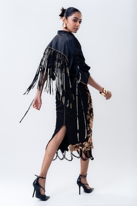 Buy_Nupur Kanoi_Black Silk, Crepe, Lycra Studs, Fringe, Sequins, Beads Shirt And Pencil Skirt Set _Online_at_Aza_Fashions